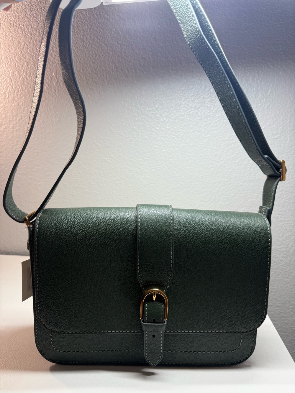 Fossil Dark Green Pebbled Leather Crossbody Bag with Gold Buckle